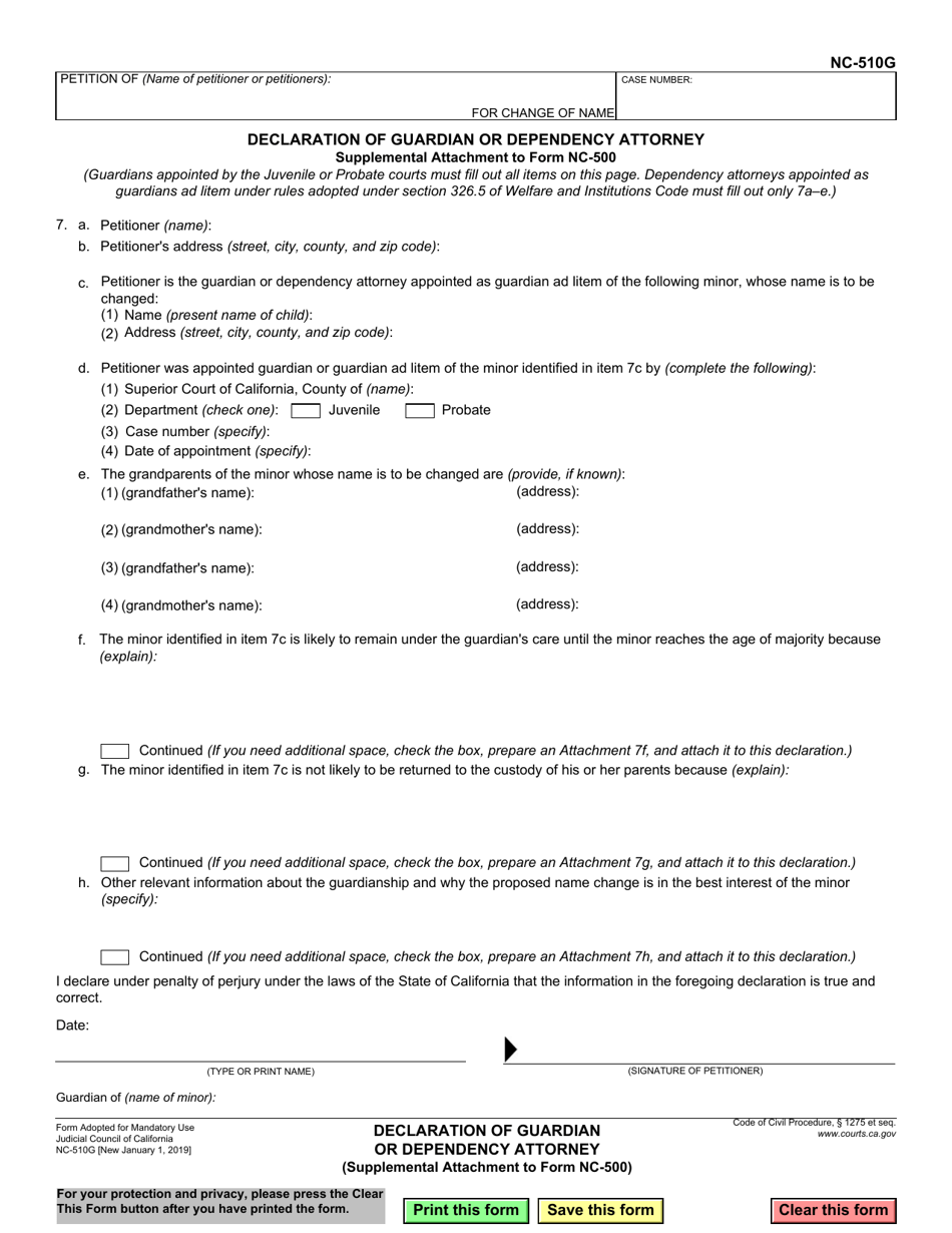 Form NC-510G Supplemental Attachment to Petition for Change of Name (Declaration of Guardian) - California, Page 1