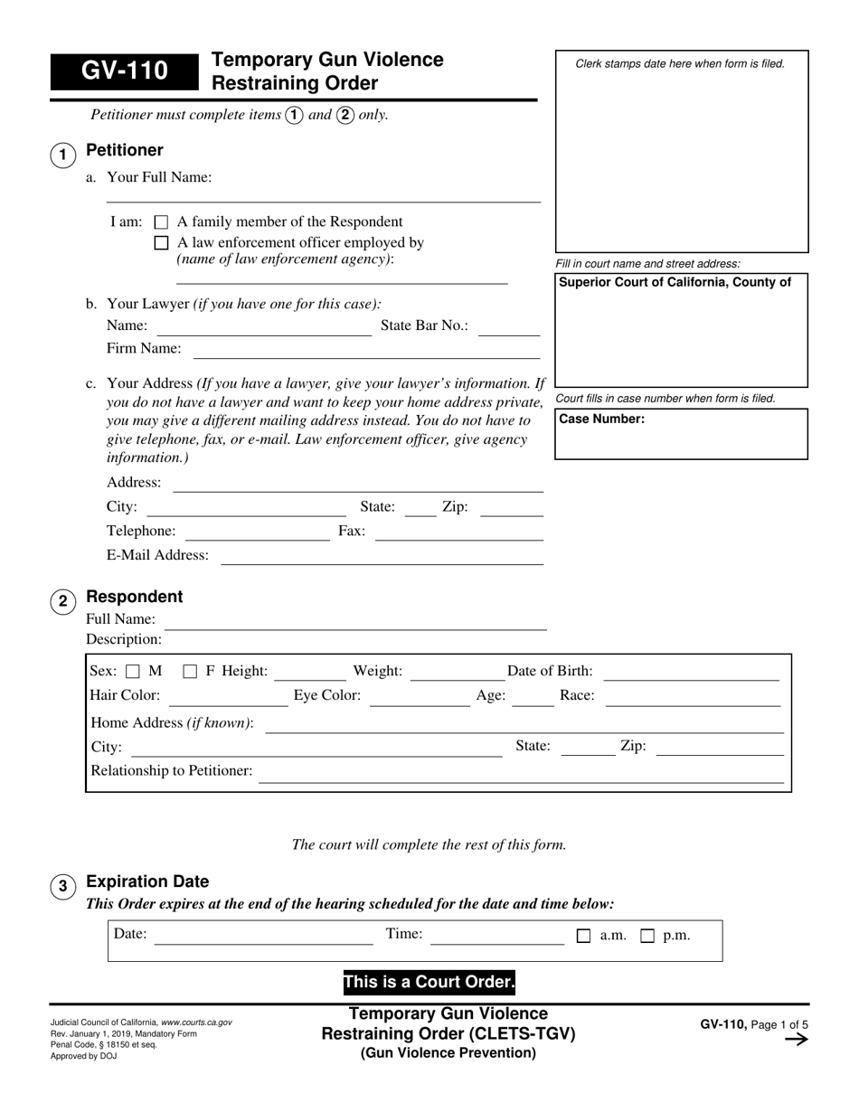 Form GV110 Download Fillable PDF or Fill Online Temporary Gun Violence