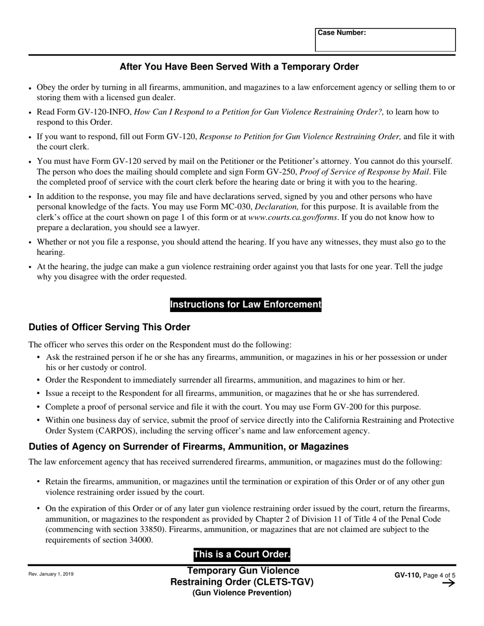 Form GV-110 Temporary Gun Violence Restraining Order - California, Page 4