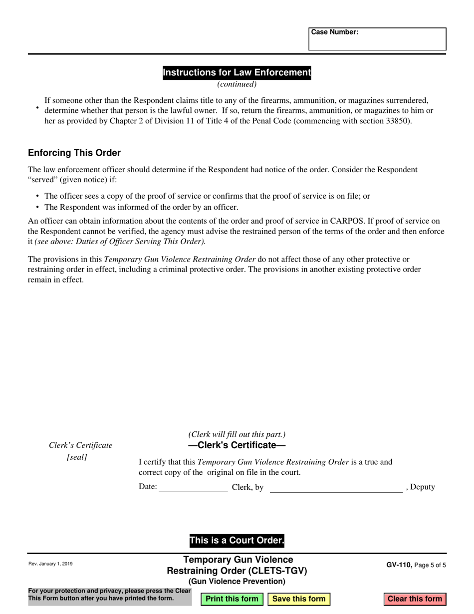 Form GV-110 Temporary Gun Violence Restraining Order - California, Page 5