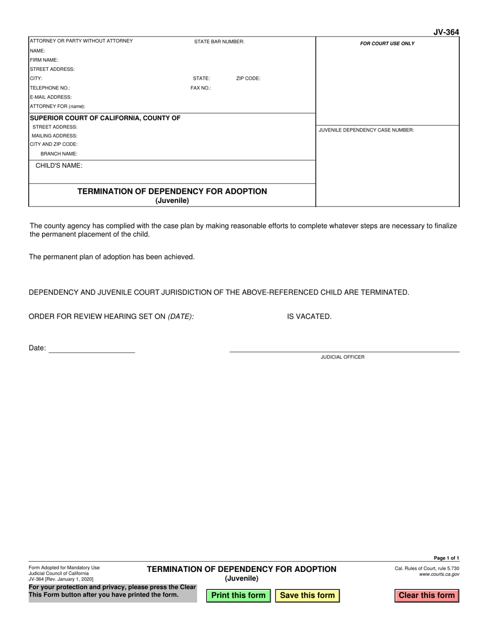 Form JV-364 Termination of Dependency for Adoption (Juvenile) - California, Page 1
