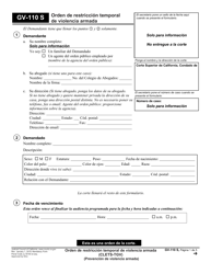 Document preview: Formulario GV-110 Orden De Restriccion Temporal De Violencia Armada - California (Spanish)