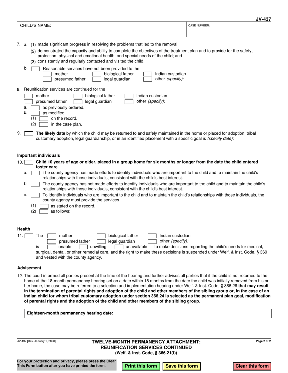 Form JV-437 Twelve-Month Permanency Attachment: Reunification Services Continued (Welf.  Inst. Code, 366.21(F)) - California, Page 2