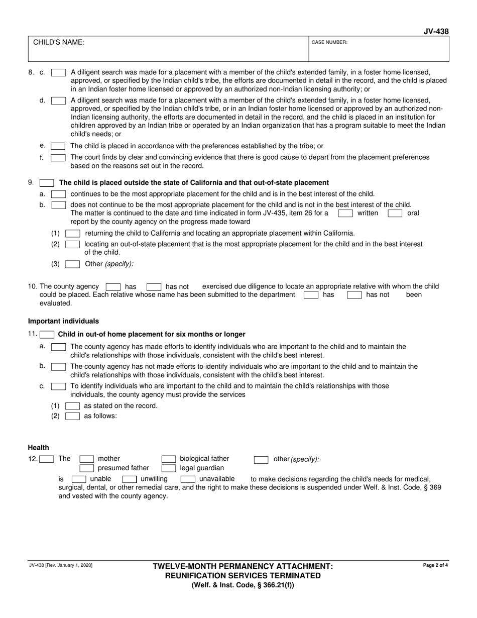 Form JV-438 Twelve-Month Permanency Attachment: Reunification Services Terminated (Welf.  Inst. Code, 366.21(F)) - California, Page 2