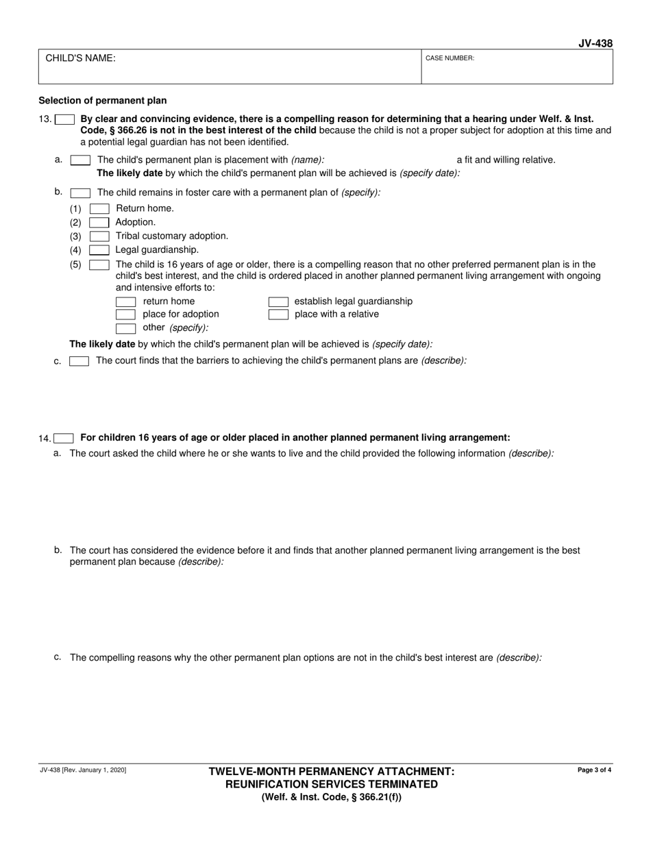 Form JV-438 Twelve-Month Permanency Attachment: Reunification Services Terminated (Welf.  Inst. Code, 366.21(F)) - California, Page 3