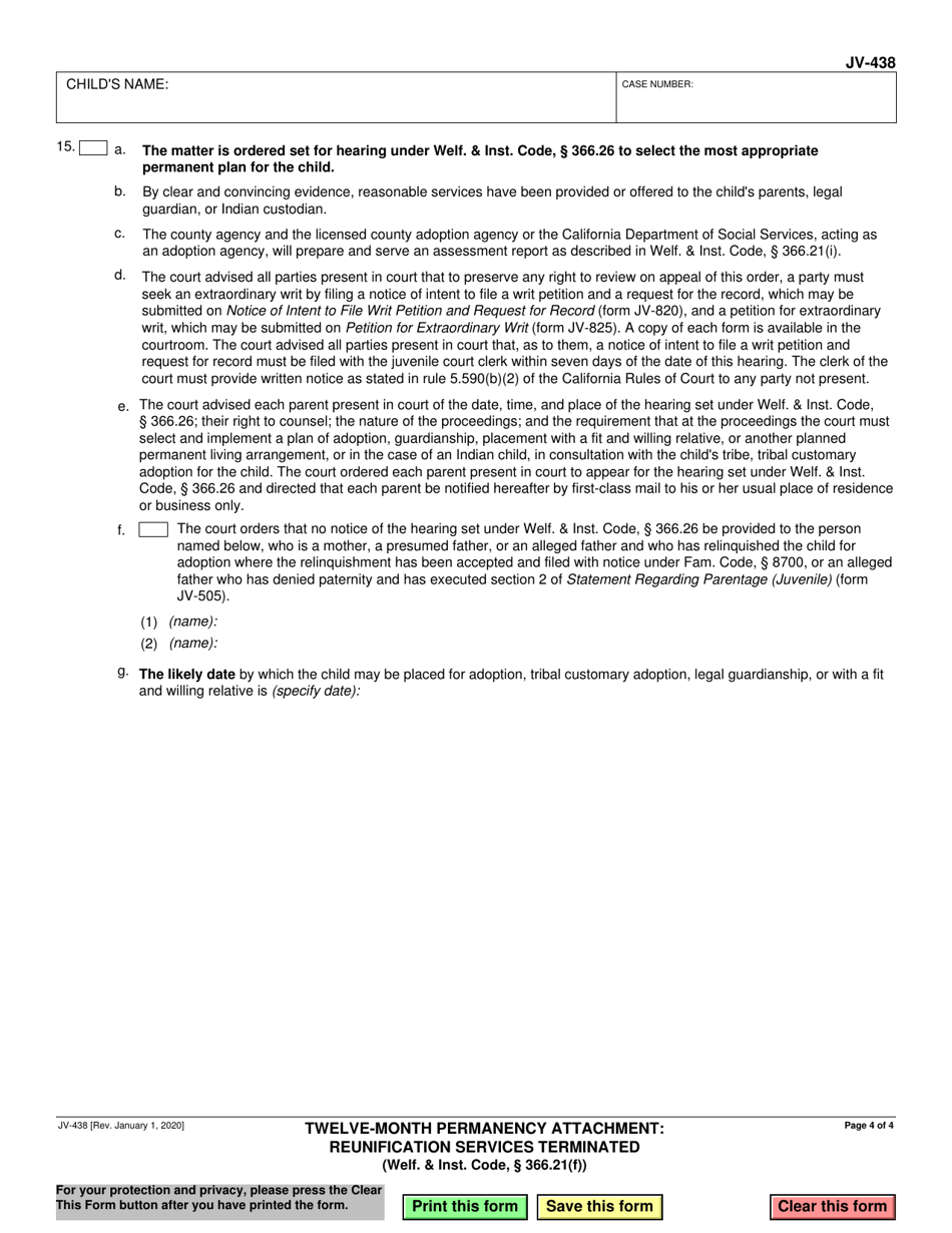 Form JV-438 Twelve-Month Permanency Attachment: Reunification Services Terminated (Welf.  Inst. Code, 366.21(F)) - California, Page 4