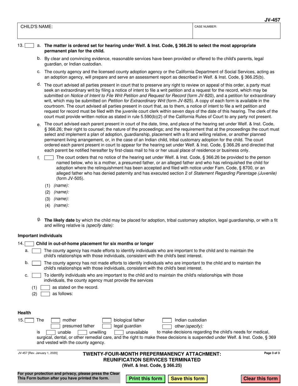Form JV-457 Twenty-Four-Month Prepermanency Attachment: Reunification Services Terminated (Welf.  Inst. Code, 366.25) - California, Page 3