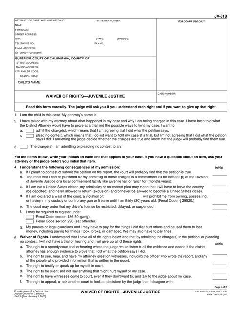 Form JV-618 Waiver of Rights - Juvenile Justice - California