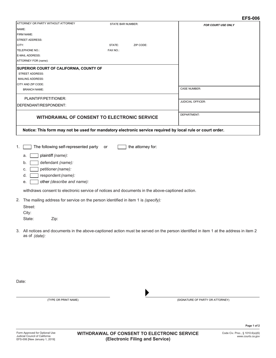 Form EFS-006 Withdrawal of Consent to Electronic Service - California, Page 1