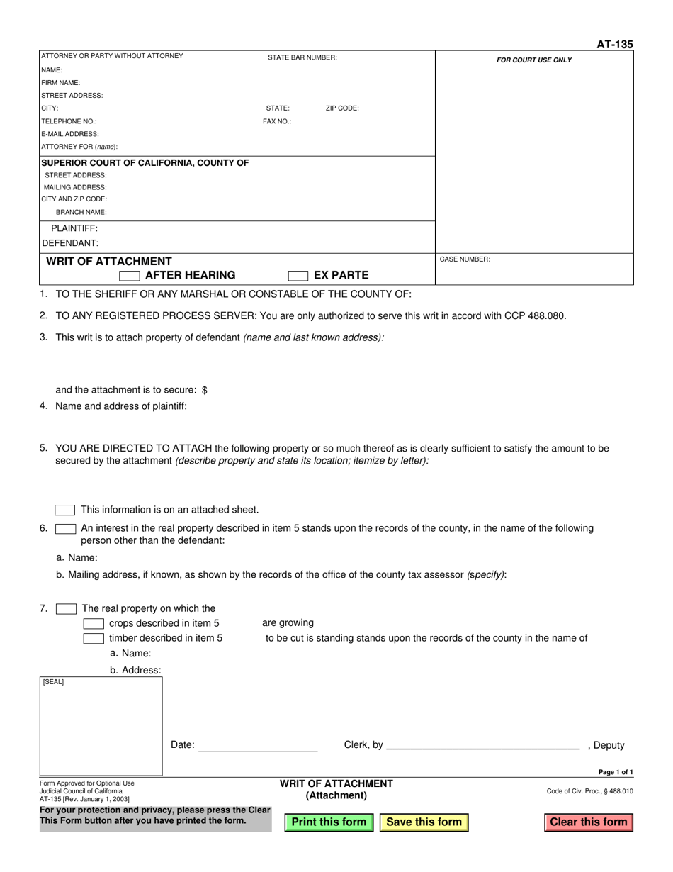Form AT-135 Writ of Attachment - California, Page 1