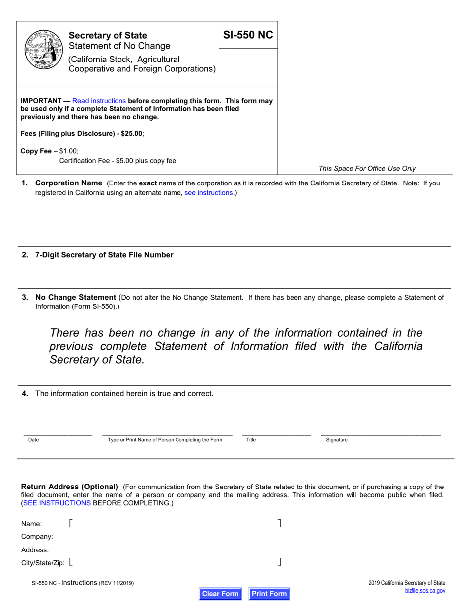 Form SI-550 NC Statement of No Change (California Stock, Agricultural Cooperative and Foreign Corporations) - California, Page 3
