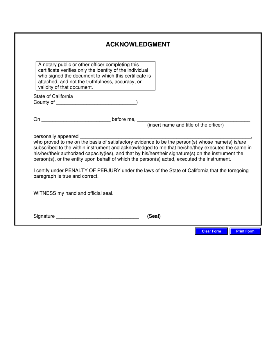 Certificate of Acknowledgment - California, Page 1