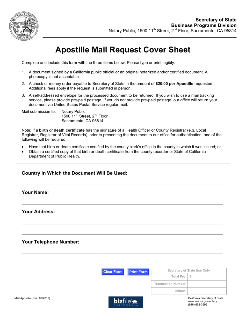 Apostille Mail Request Cover Sheet - California, Page 1