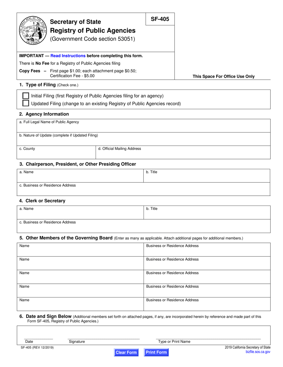 Form SF-405 Registry of Public Agencies - California, Page 1