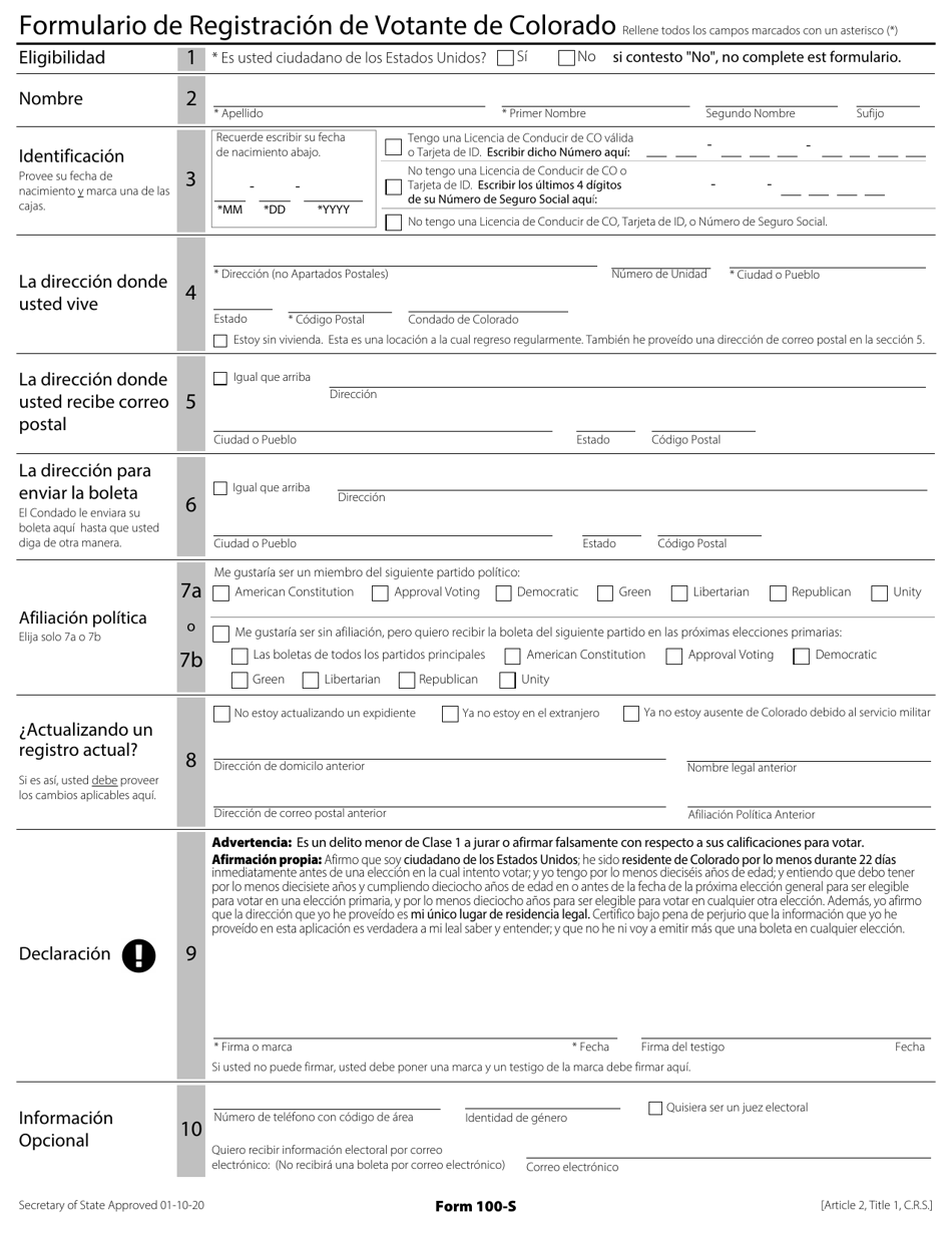Formulario 100-S Formulario De Registracion De Votante De Colorado - Colorado (Spanish), Page 1