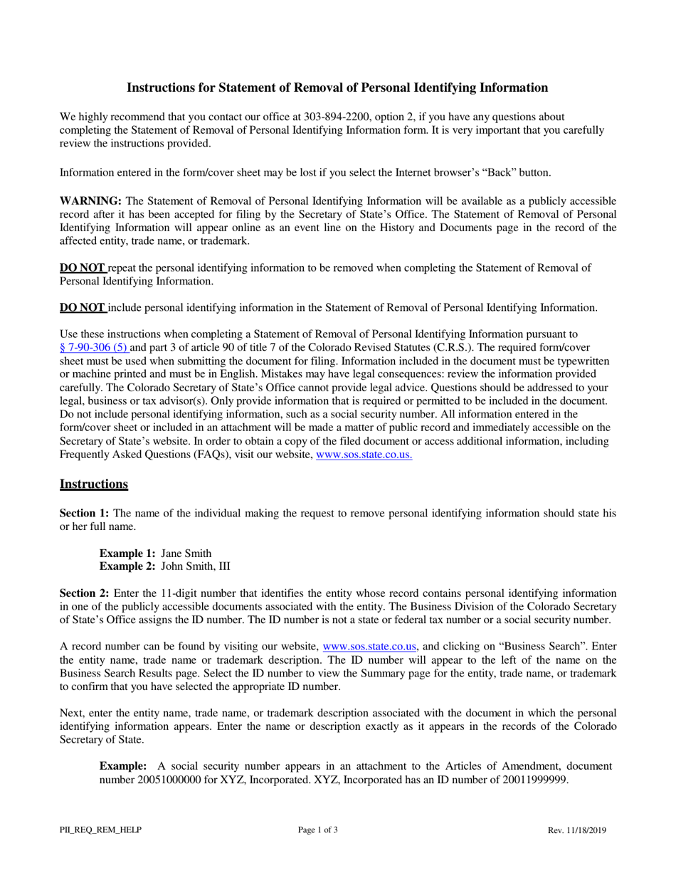 Statement of Removal of Personal Identifying Information - Colorado, Page 1