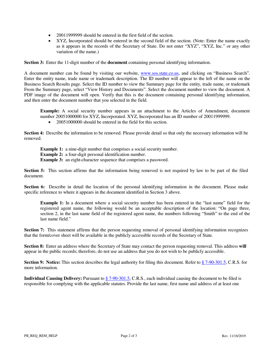 Statement of Removal of Personal Identifying Information - Colorado, Page 2
