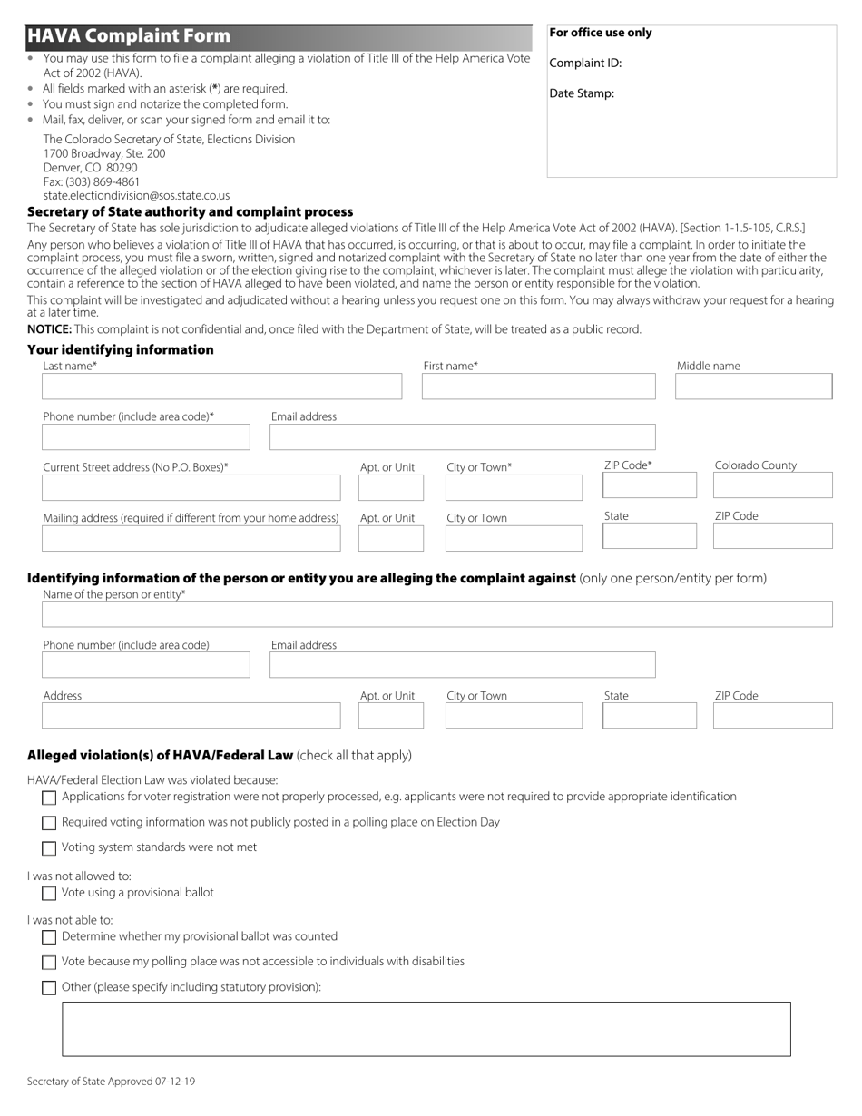 Hava Complaint Form - Colorado, Page 1