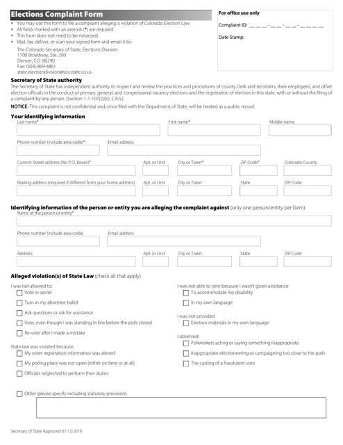 Elections Complaint Form - Colorado Download Pdf