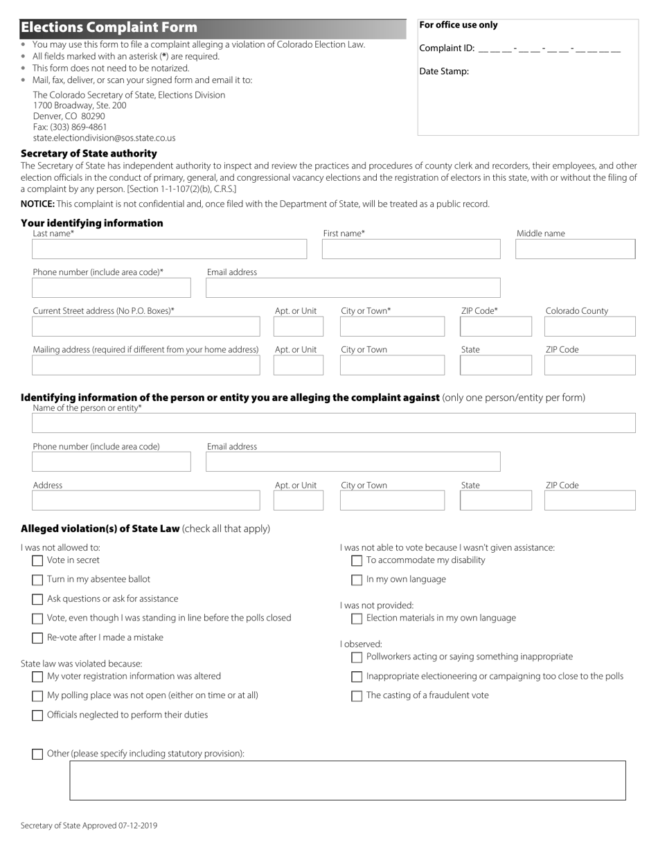 Elections Complaint Form - Colorado, Page 1