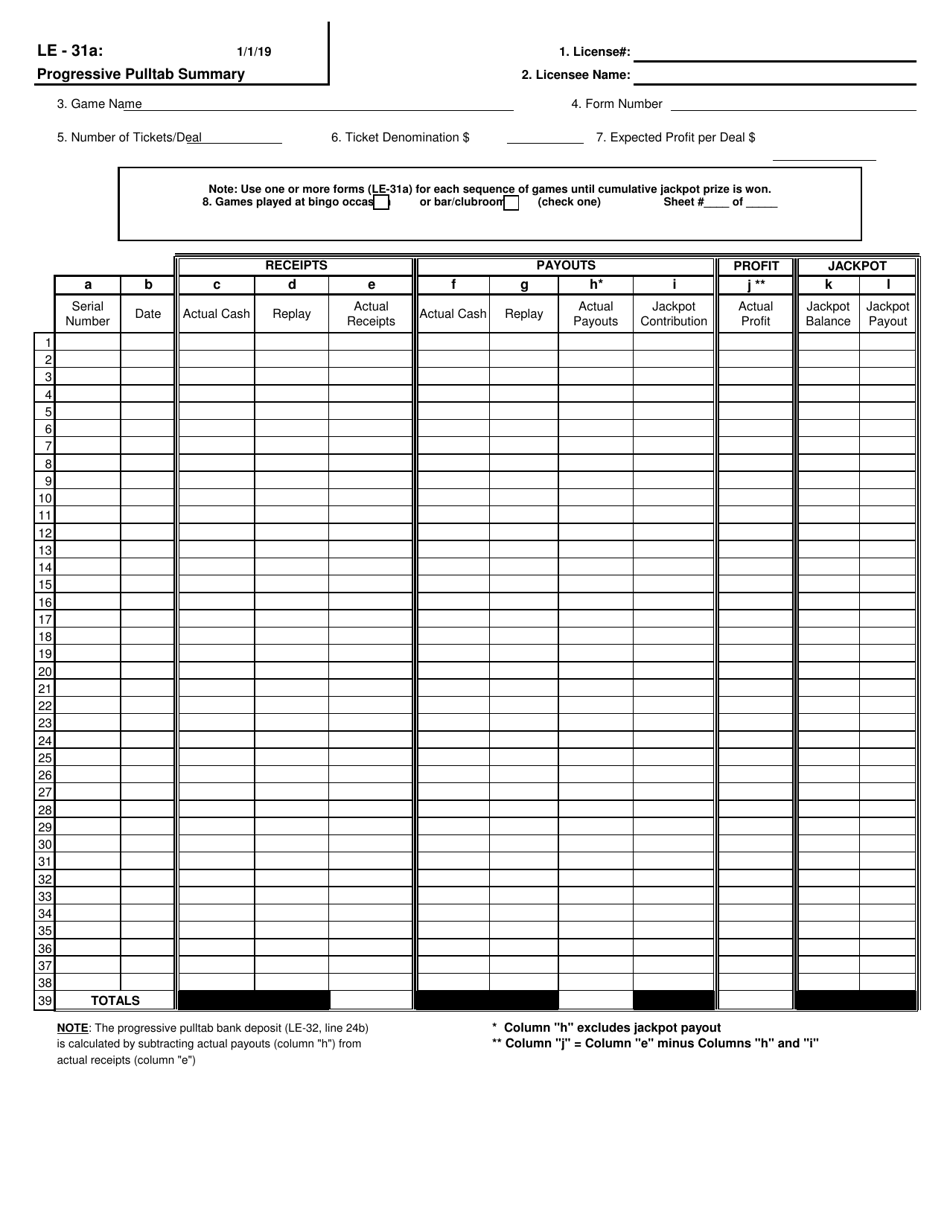Form LE-31A Progressive Pulltab Summary - Colorado, Page 1