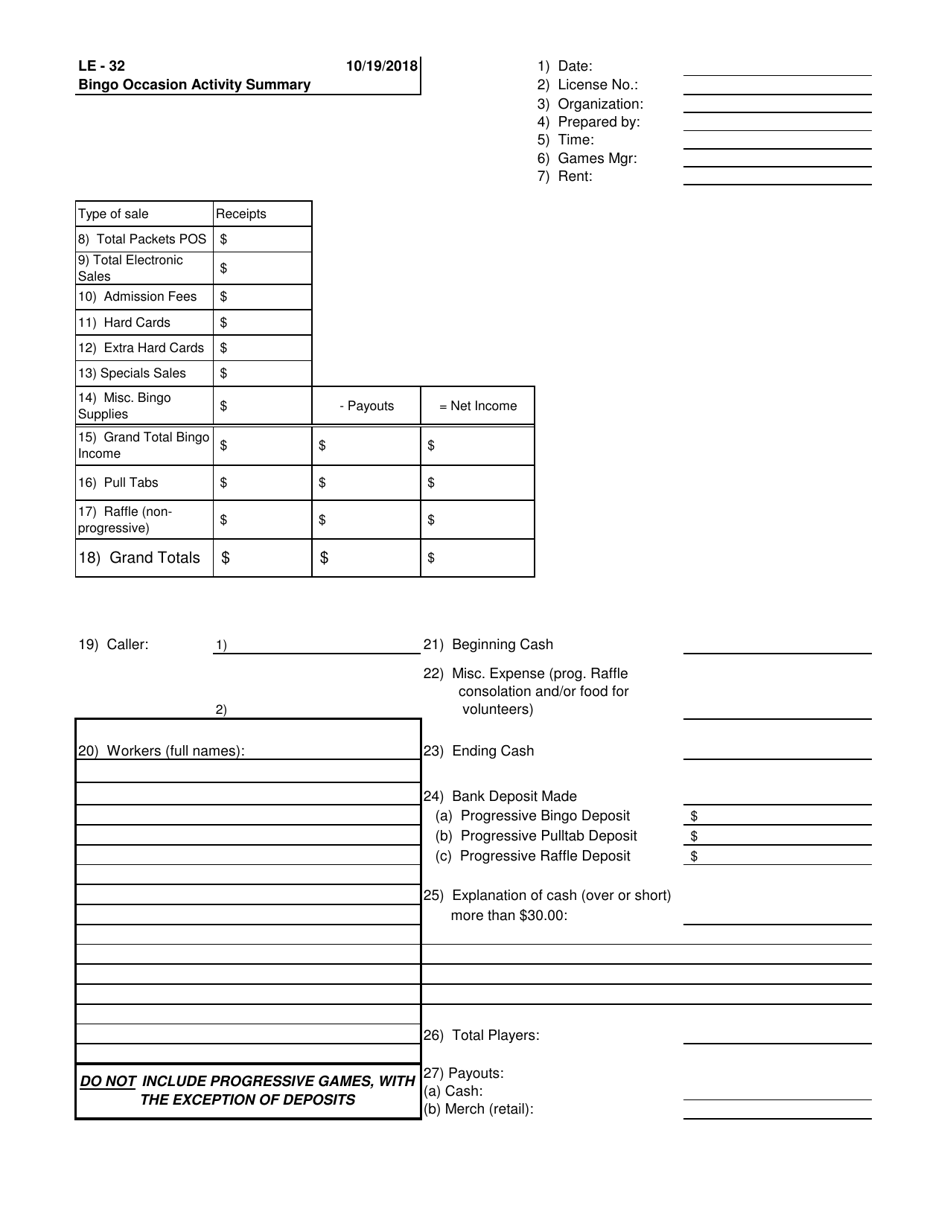Form LE-32 Bingo Occasion Activity Summary - Colorado, Page 1