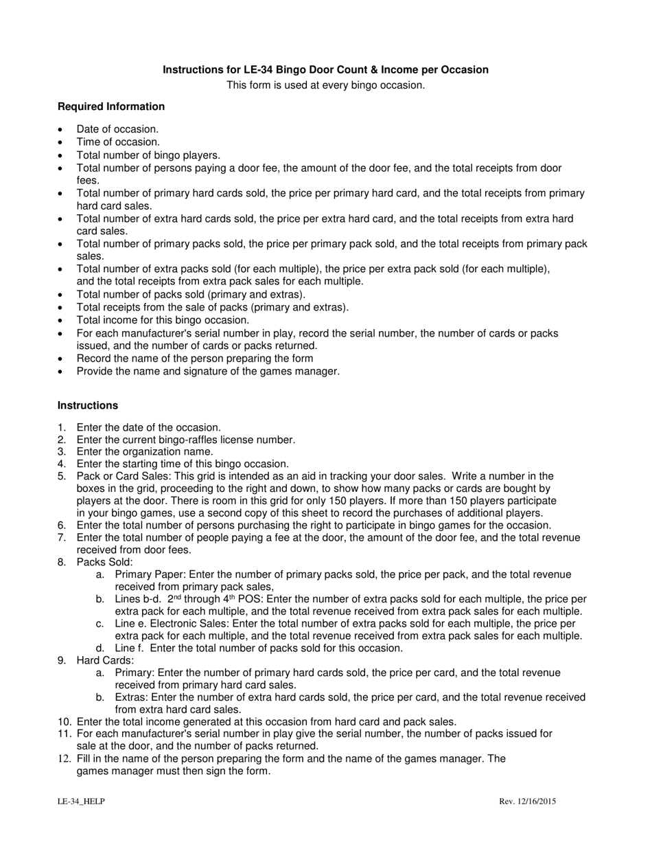 Instructions for Form LE-34 Bingo Door Count  Income Per Occasion - Colorado, Page 1