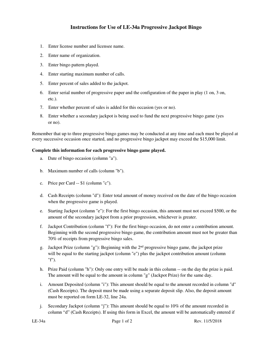 Instructions for Form LE-34A Progressive Jackpot Bingo - Colorado, Page 1