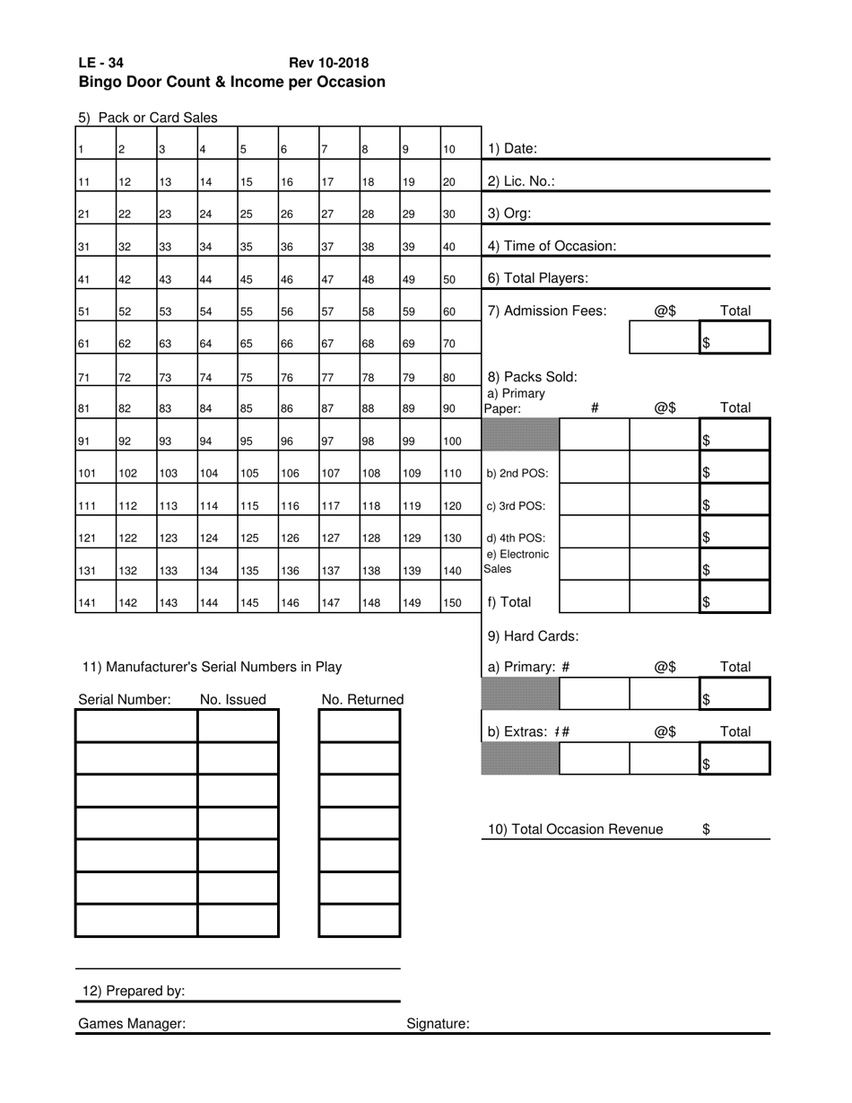 Form LE-34 Bingo Door Count  Income Per Occasion - Colorado, Page 1