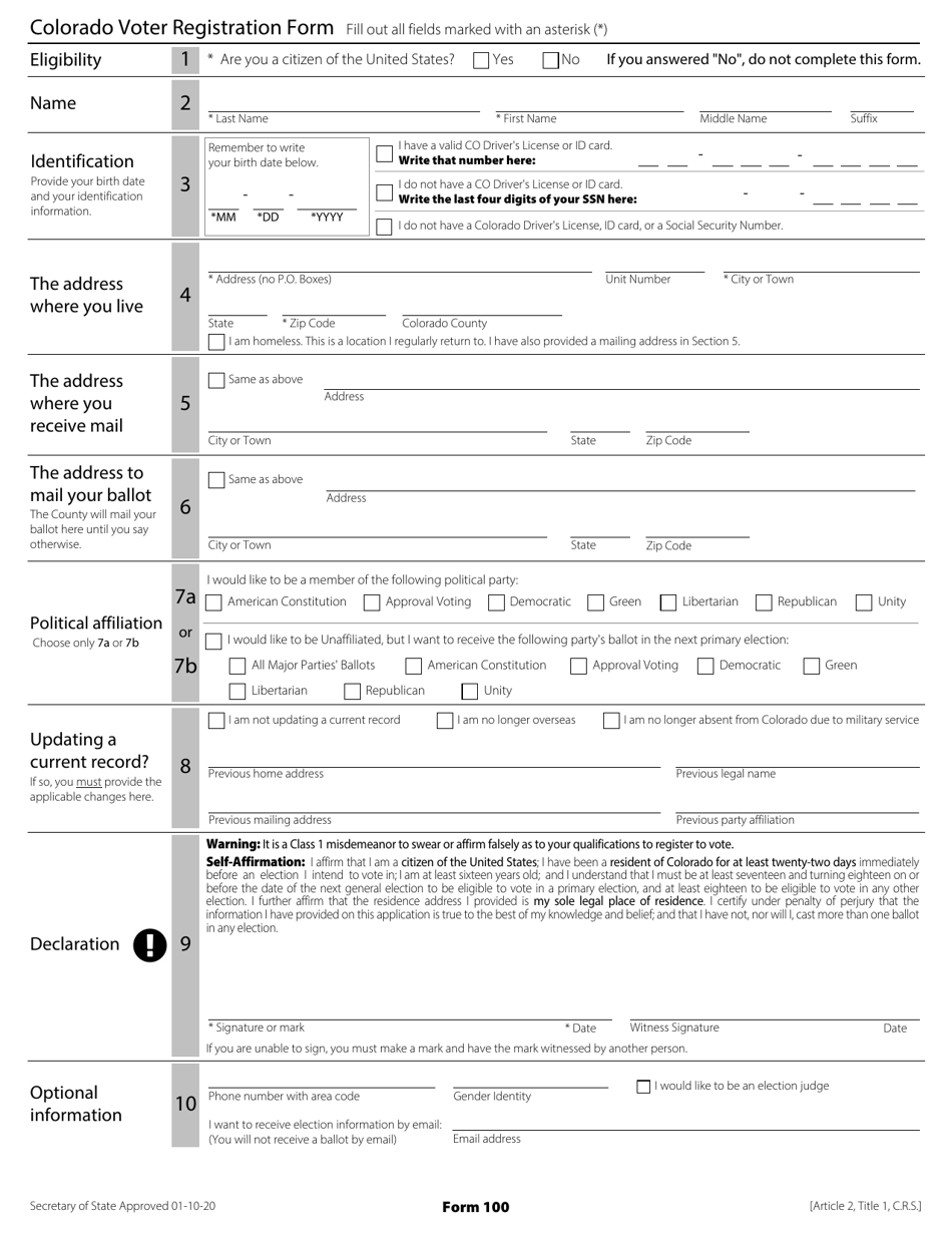 Form 100 Colorado Voter Registration Form - Colorado, Page 1