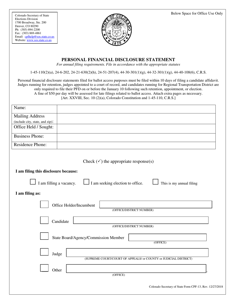 Form CPF-13 Personal Financial Disclosure Statement - Colorado, Page 1