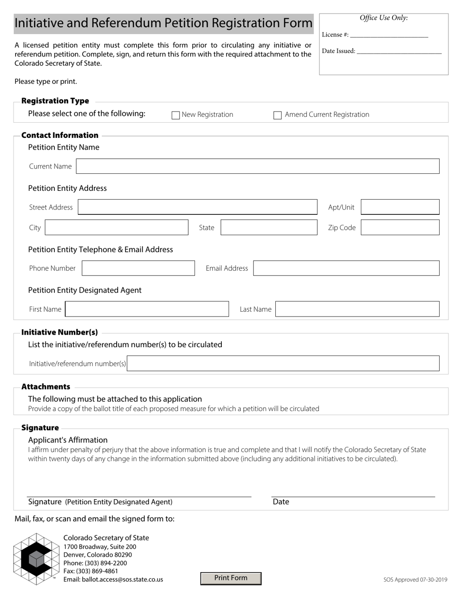 Initiative and Referendum Petition Registration Form - Colorado, Page 1