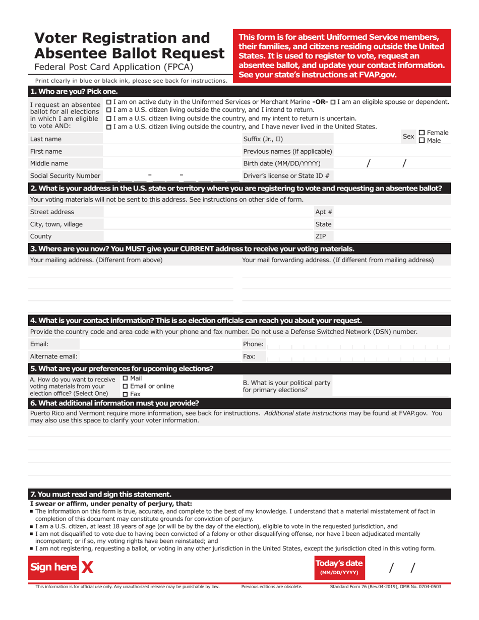 Form SF-76 Voter Registration and Absentee Ballot Request - Colorado, Page 1