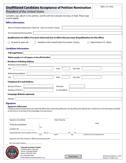 Unaffiliated Candidate Acceptance of Petition Nomination - President of the United States - Colorado Download Pdf