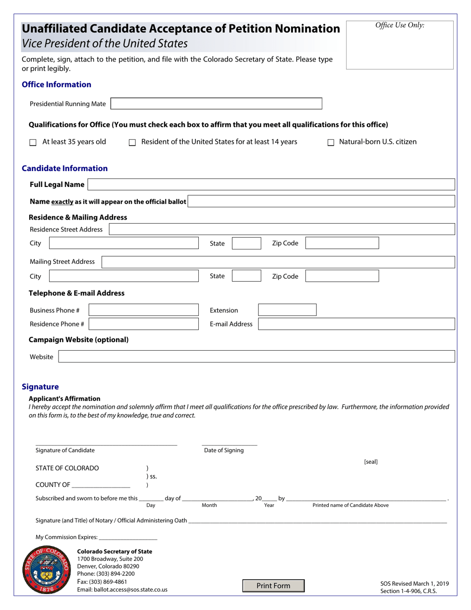 Unaffiliated Candidate Acceptance of Petition Nomination - Vice President of the United States - Colorado, Page 1