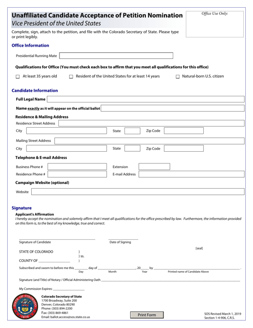 Unaffiliated Candidate Acceptance of Petition Nomination - Vice President of the United States - Colorado Download Pdf
