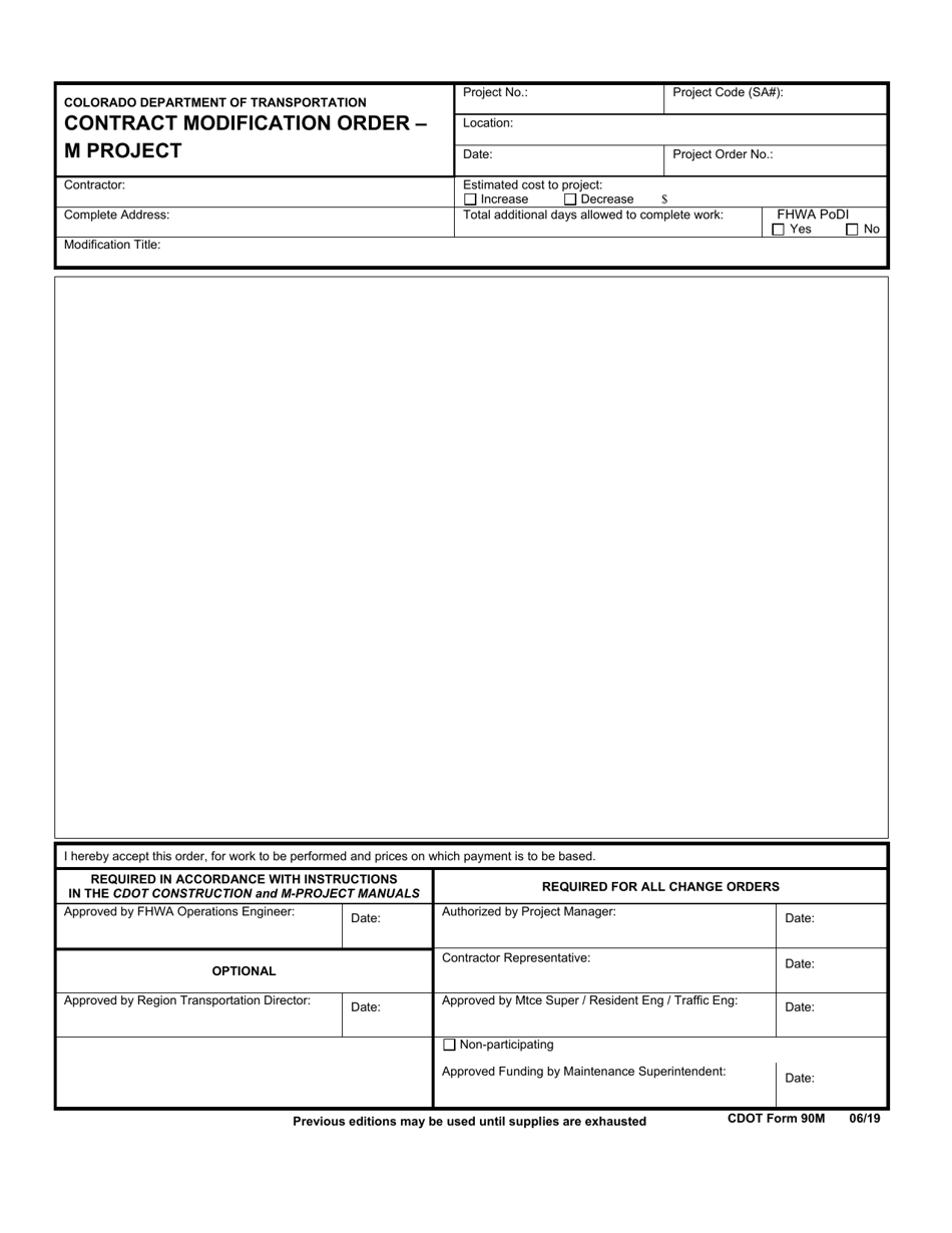CDOT Form 90M Contract Modification Order - M Project - Colorado, Page 1