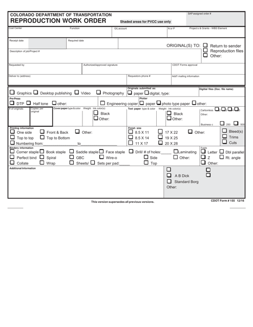 CDOT Form 155 Reproduction Work Order - Colorado