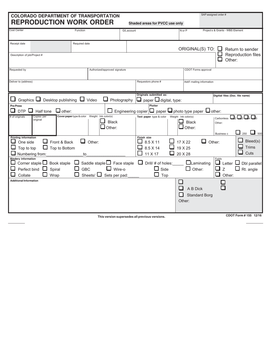 CDOT Form 155 Reproduction Work Order - Colorado, Page 1