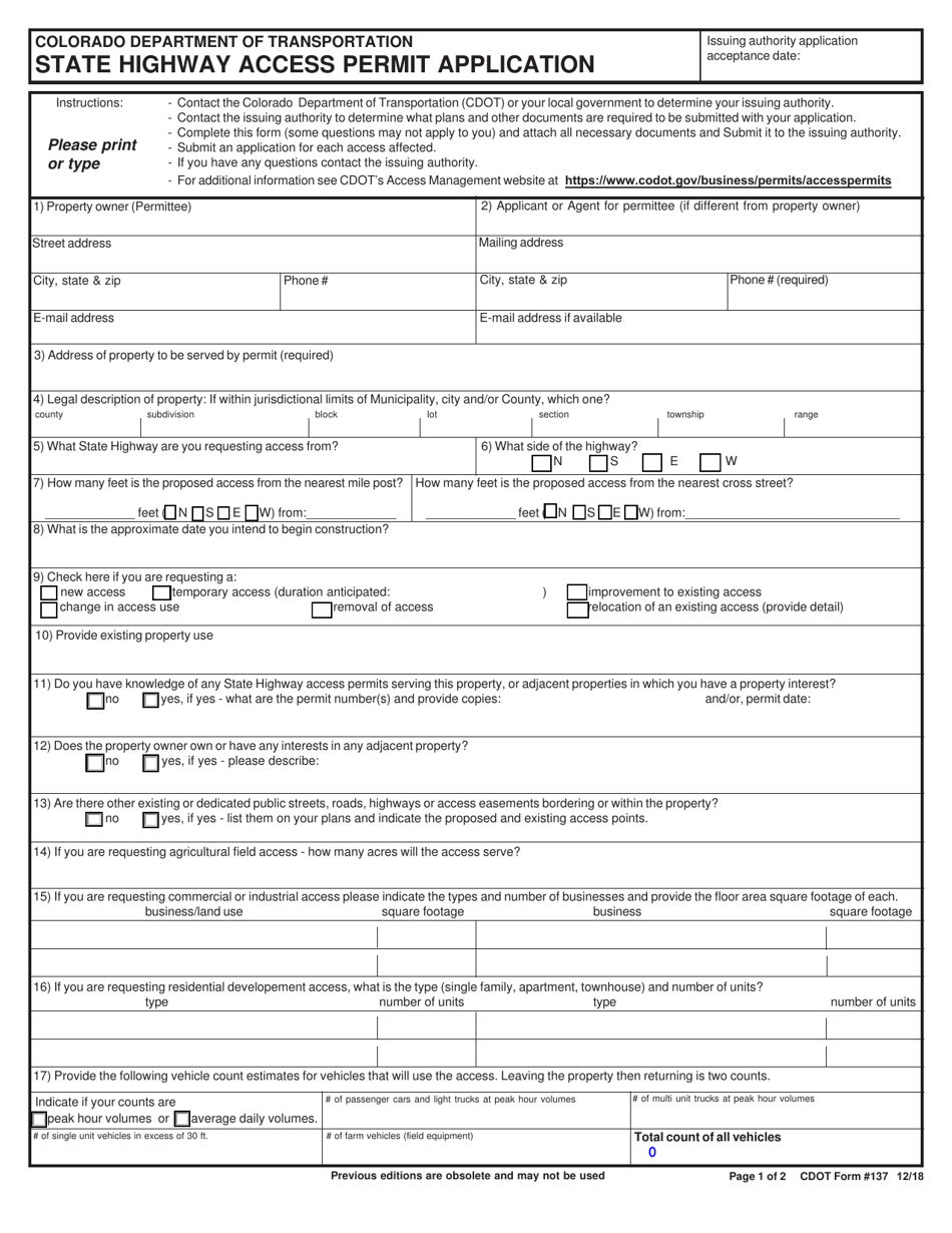 CDOT Form 137 State Highway Access Permit Application - Colorado, Page 1