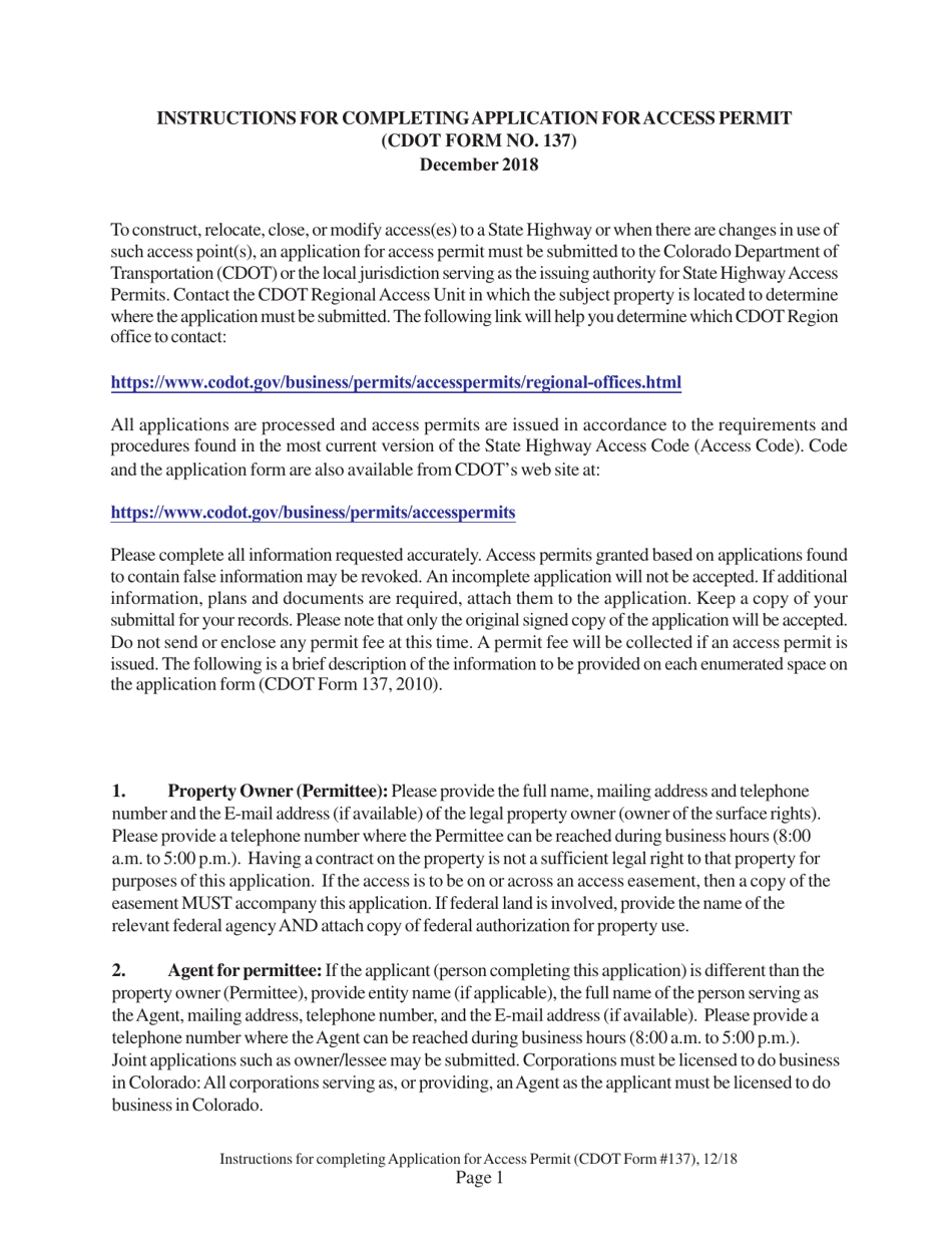 CDOT Form 137 State Highway Access Permit Application - Colorado, Page 3