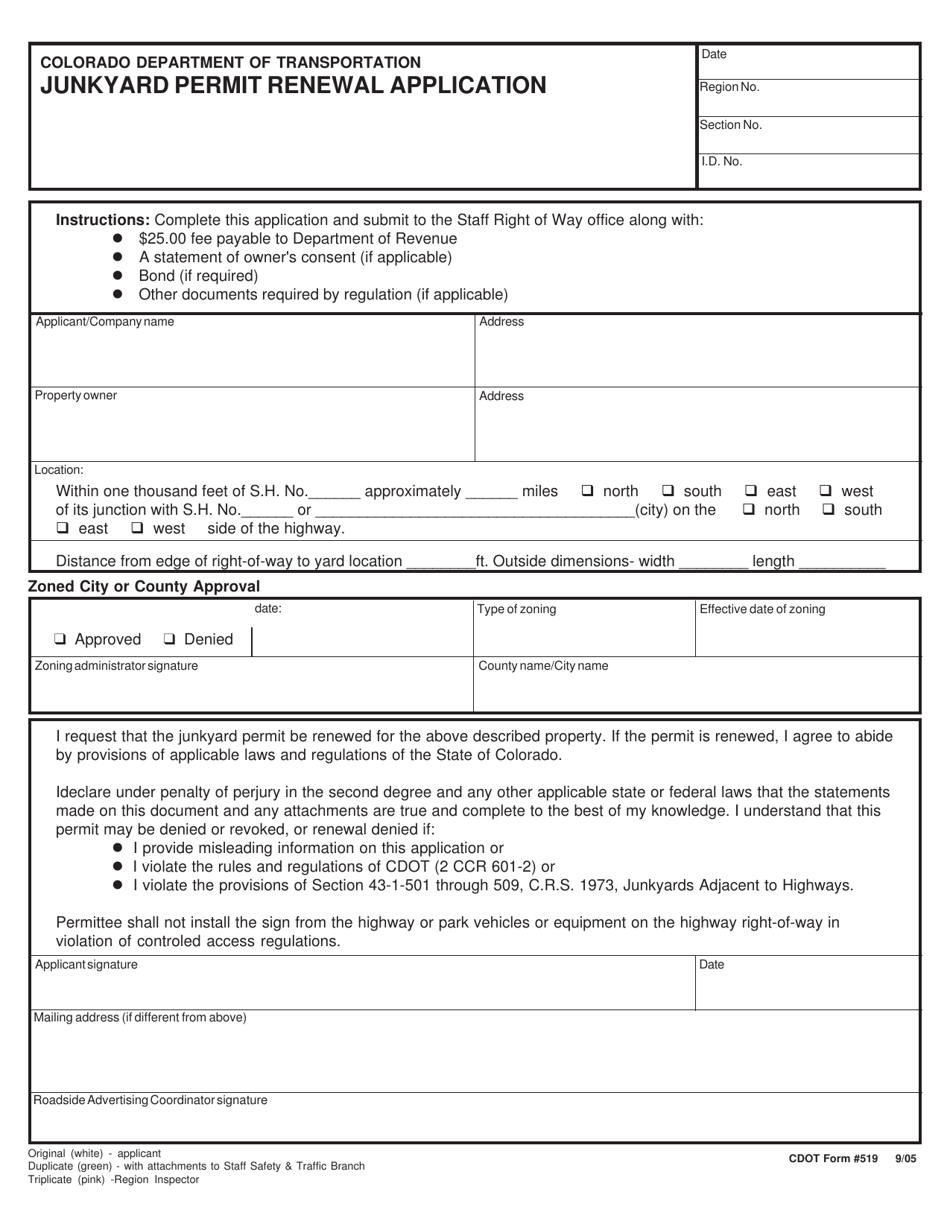 CDOT Form 519 Junkyard Permit Renewal Application - Colorado, Page 1