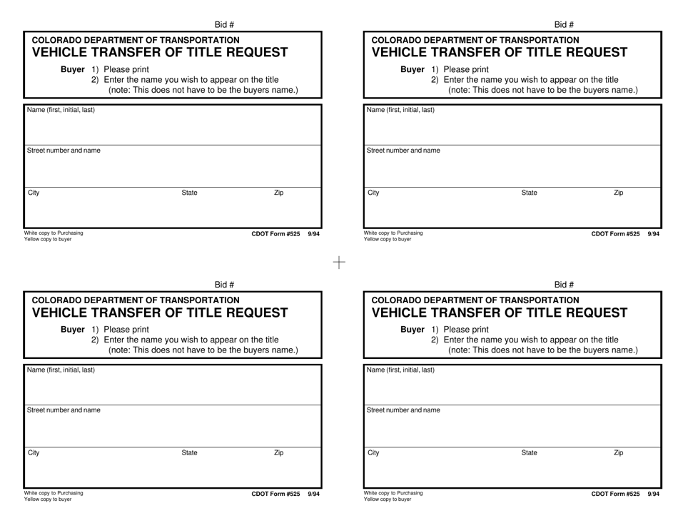 CDOT Form 525 Vehicle Transfer of Title Request - Colorado, Page 1