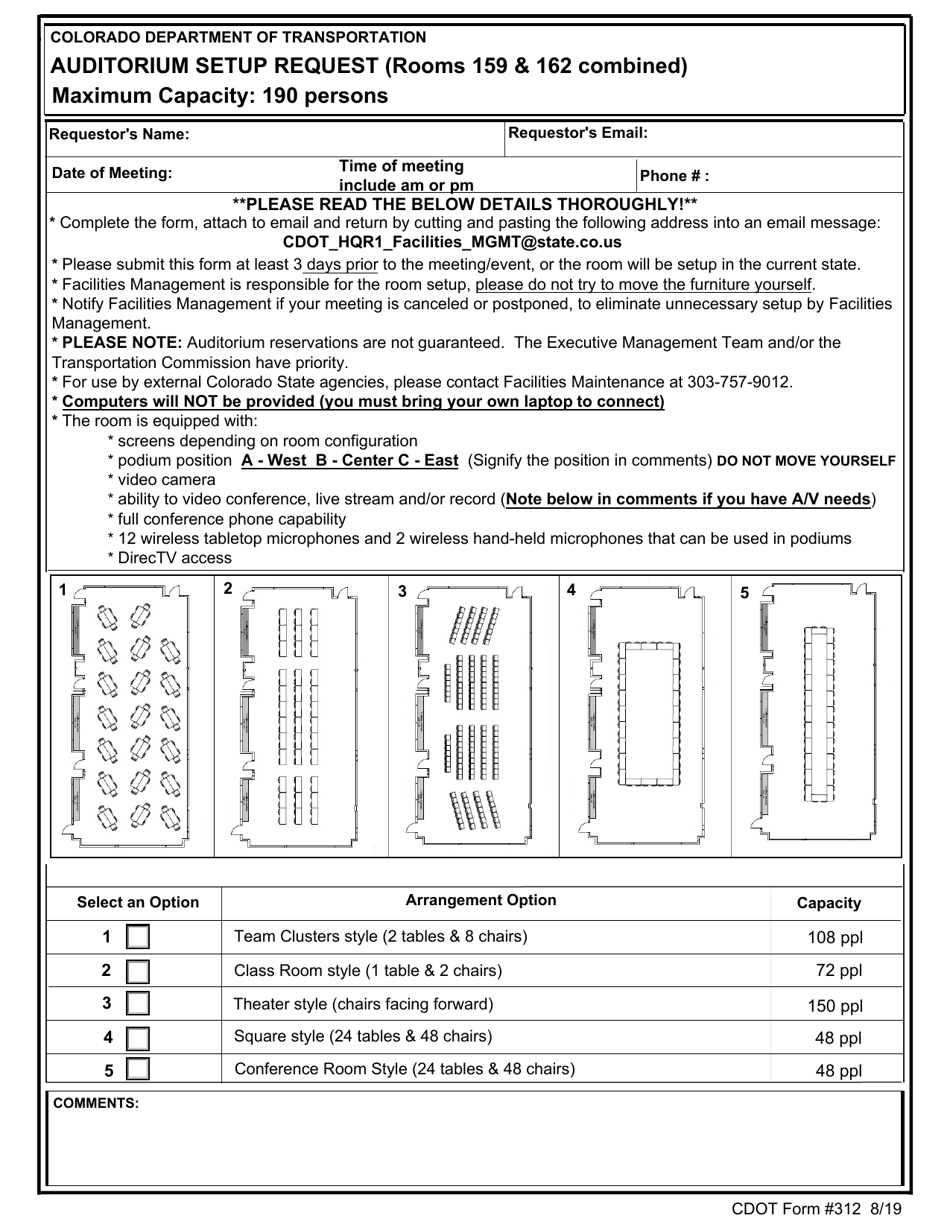 CDOT Form 312 Auditorium Setup Request - Colorado, Page 1