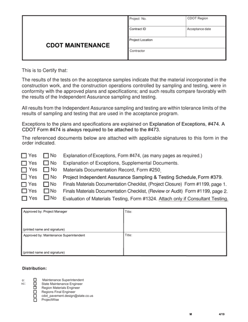 CDOT Form 473-M Final Materials Certification for a CDOT Maintenance Project - Colorado