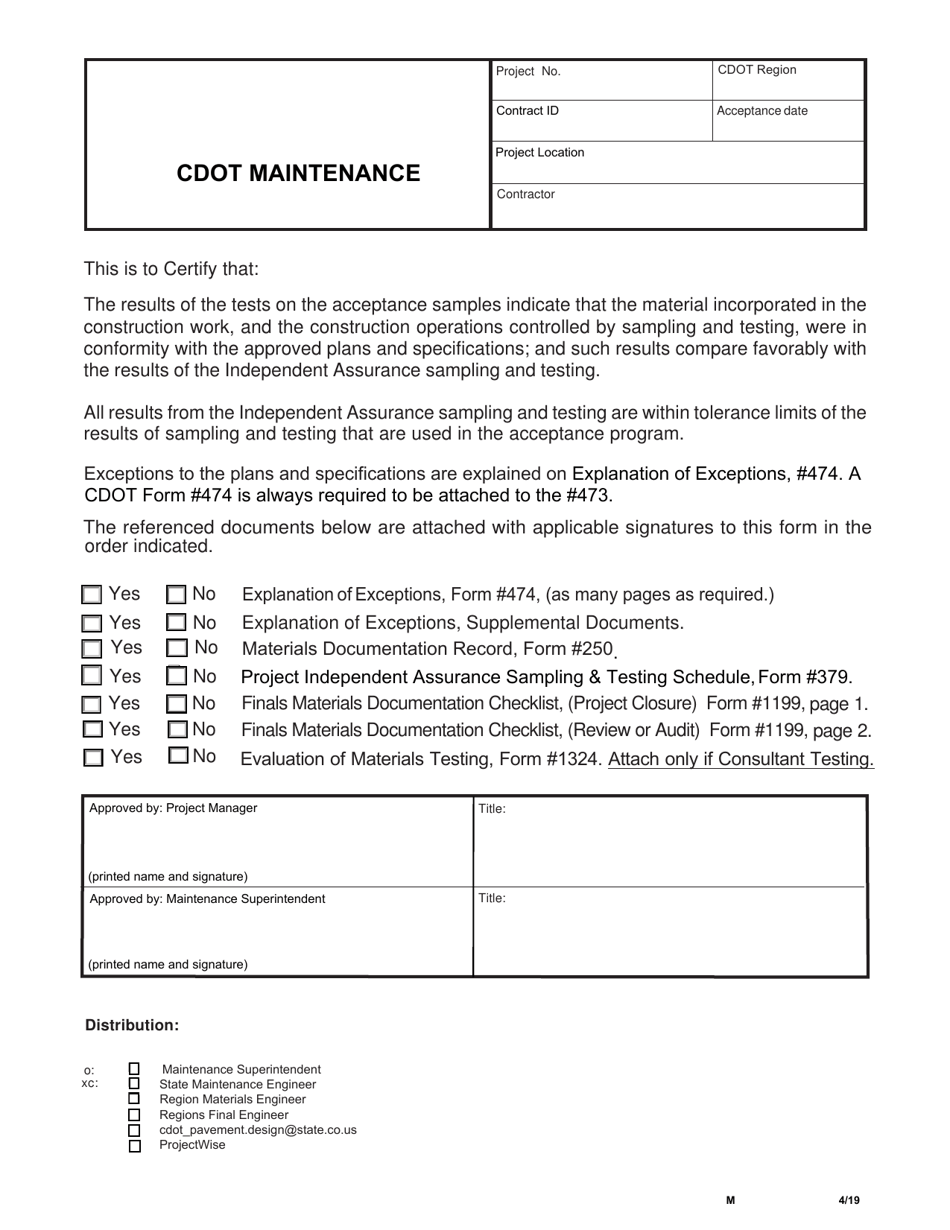 CDOT Form 473-M Final Materials Certification for a CDOT Maintenance Project - Colorado, Page 1