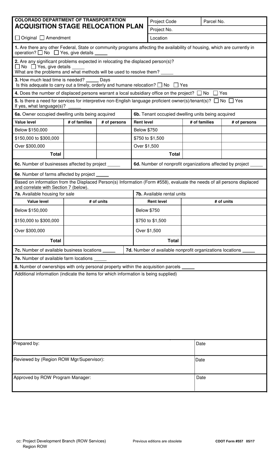 CDOT Form 557 Acquisition Stage Relocation Plan - Colorado, Page 1