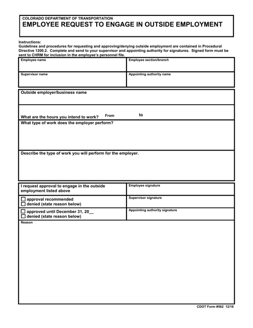 CDOT Form 562 Employee Request to Engage in Outside Employment - Colorado