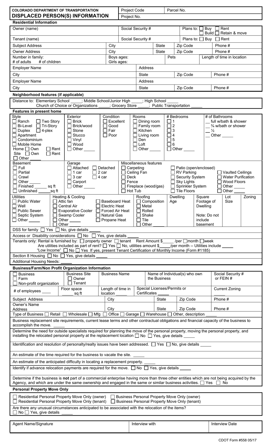 CDOT Form 558 Displaced Person(s) Information - Colorado, Page 1