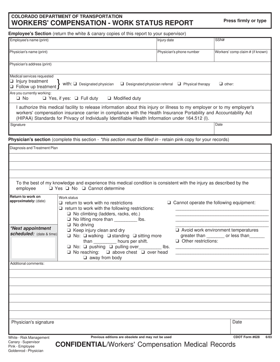 CDOT Form 628 Workers Compensation - Work Status Report - Colorado, Page 1